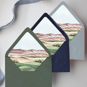Envelope Liner Wedding | A7 envelopes with Mountain Liner | Watercolor Fine Art | Outdoor Mountain Wedding | Winery Wedding