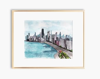 Chicago Skyline Watercolor Art Print, Cityscape Wall Art (8x10)