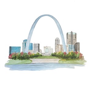 May include: Watercolor painting of the St. Louis skyline featuring the Gateway Arch, buildings, and a green landscape. The arch is a light blue, and the buildings are various shades of gray, blue, and brown. The landscape includes green and red foliage.