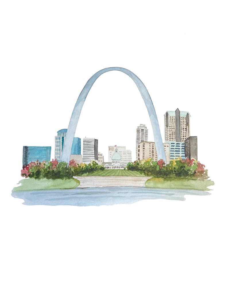 May include: Watercolor painting of the St. Louis skyline featuring the Gateway Arch, buildings, and a green landscape. The arch is a light blue, and the buildings are various shades of gray, blue, and brown. The landscape includes green and red foliage.