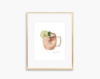 Impresión artística de acuarela de Moscow Mule, decoración de bar con taza de cobre