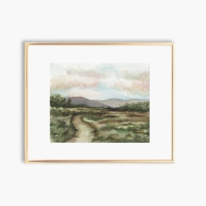 Vintage Landscape Art Print, Neutral landscape art, Olive green and beige art print, Meadow Path Wall art, simple cottage home decor