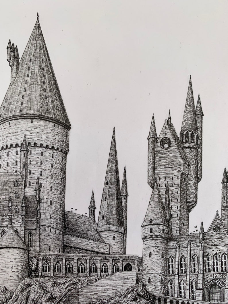 HOGWARTS CASTLE Print Black and white illustration from | Etsy