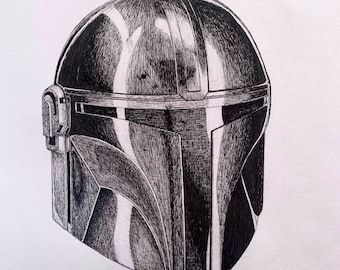 MANDALORIAN HELMET (Print) Black and white illustration