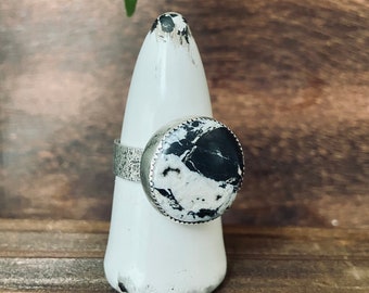 US size 11/ White Buffalo stone statement ring/ wide silver ring band/ black and white stone ring/gift for him/gift for her/ ready to ship