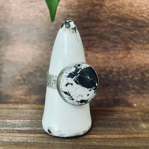 US size 11/ White Buffalo stone statement ring/ wide silver ring band/ black and white stone ring/gift for him/gift for her/ ready to ship