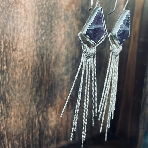 Amethyst statement earrings with sterling silver fringe/ diamond shaped stones/ purple stone dangly earrings/ shops ready to ship