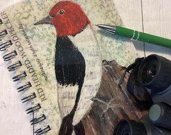 Red-Headed Woodpecker Notebook, Birdwatcher's 5x7 Spiral Journal