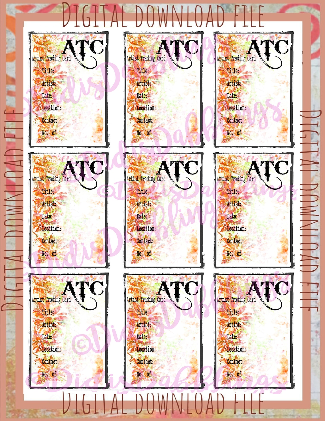 Printable ATC Back, Digital Download, Artist Trading Card Backs, ACEO ...