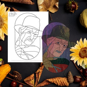 Patrón de vitral de terror de Freddy K, patrón de vitral digital, patrón de vitral imprimible, patrón de cristalería