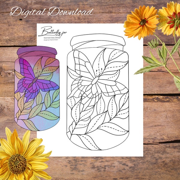 Butterfly Jar Stained Glass Pattern, Digital Stained Glass Pattern, Printable Glass Pattern, Glasswork pattern