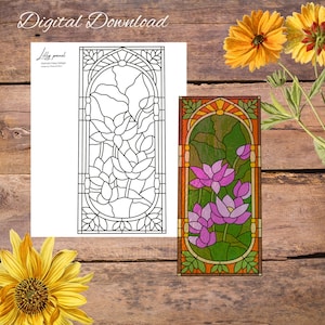 Floral Lilly panel, lotus flower, Lilly pad Stained Glass Pattern, Digital Stained Glass Pattern, Printable Glass Pattern, Glasswork pattern