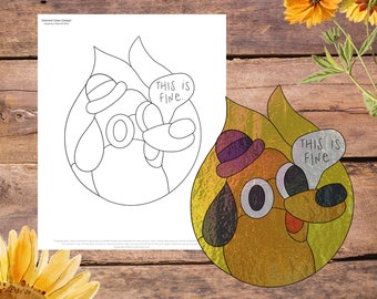 This is fine, World on Fire Dog, Meme Humor Stained Glass Pattern, Digital Stained Glass Pattern, Printable Glass Pattern, Glasswork