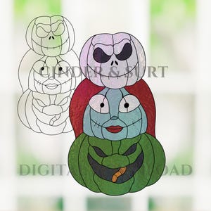 May include: A stained glass art piece featuring a stack of three character-themed pumpkins. The top is white, the middle is light blue with red lips, and the bottom is green with a wide grin. Text reads CINDER & SURT DIGITAL DOWNLOAD.