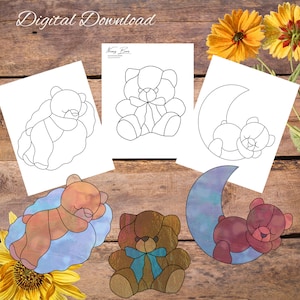 Nursery Bears, Stained Glass Mini Pattern Booklet, Baby nursery, Stained Glass Pattern, glasswork Pattern, Suncatcher Pattern
