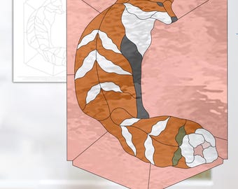 May include: A stained glass pattern of a fox with a curled tail. The fox is orange, white, and black. The pattern is on a pink background.