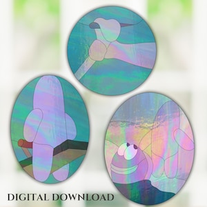 May include: Three stained glass designs in oval frames with iridescent colors. The designs feature cartoon-like figures, including a hand, a cactus, and a smiling creature. The text "DIGITAL DOWNLOAD" is at the bottom.