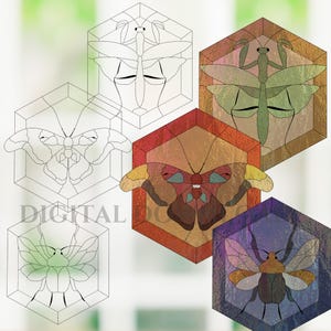 May include: Digital illustration of insect designs in stained glass style. The image features a variety of insects, including a butterfly, a praying mantis, and a beetle, each set within a hexagonal frame. The word "DIGITAL" is visible in the image.