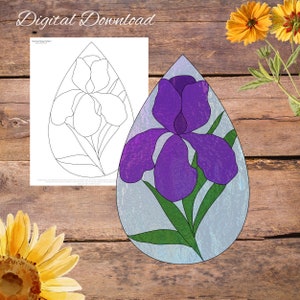 Irisblomma droppmönster, blommönster i målat glas, vårblommor i glas, glasmönster, solfångarmönster, glasmönster