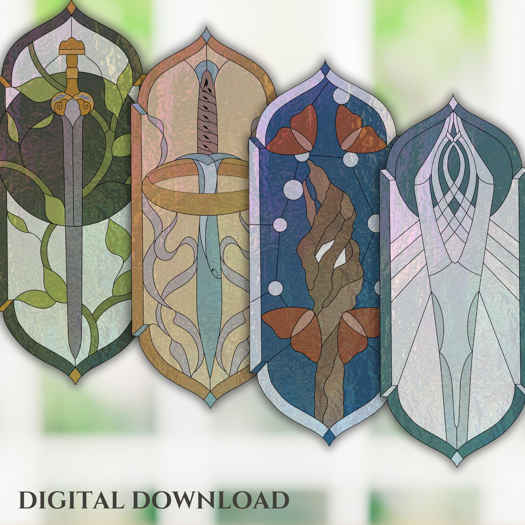 LOTR Weapons Bundle 1, Stained Glass Pattern, Digital Stained Glass Pattern, Printable Glass Pattern, Glasswork pattern