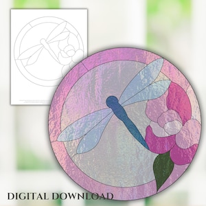 Dragonfly and Peony Easy, Simple Dragonfly Stained Glass Pattern, Digital Stained Glass Pattern, Printable Glass Pattern, Glasswork