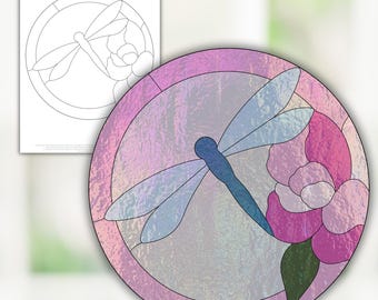 Dragonfly and Peony Easy, Simple Dragonfly Stained Glass Pattern, Digital Stained Glass Pattern, Printable Glass Pattern, Glasswork