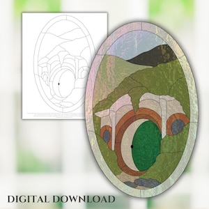 May include: A stained glass window design featuring a green door with a round archway, surrounded by stonework and greenery. The design is set against a backdrop of a mountain range and a blue sky.