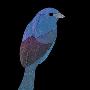 May include: A stylized bird figure composed of segmented panels in shades of blue and deep purple. The bird is depicted in profile facing right, featuring a textured surface appearance, a small dark circular eye, and a light gray pointed beak.