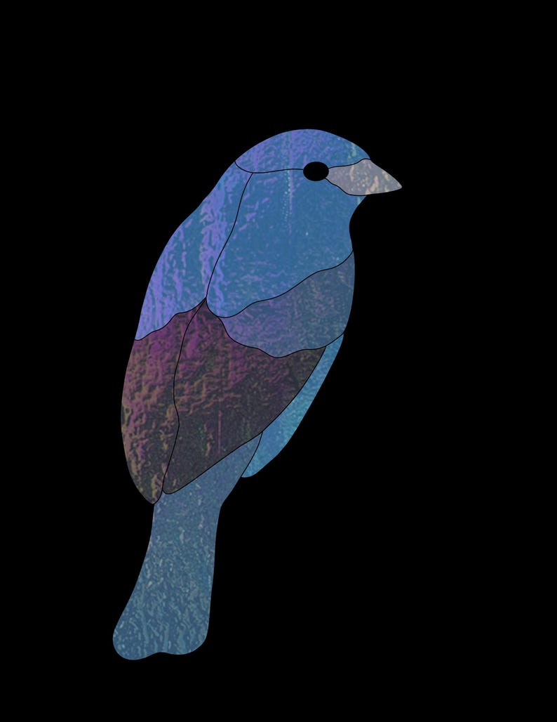May include: A stylized bird figure composed of segmented panels in shades of blue and deep purple. The bird is depicted in profile facing right, featuring a textured surface appearance, a small dark circular eye, and a light gray pointed beak.