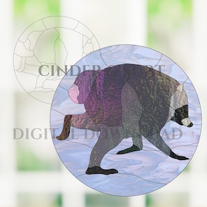 May include: A circular stained glass pattern featuring a raccoon in profile, rendered in shades of dark brown, black, and purple. The design includes a light blue background and a white outline version, with the text CINDER STAINED GLASS DIGITAL DOWNLOAD.