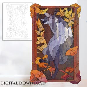 May include: A stained glass window design featuring a grey fox leaping through a frame of orange and yellow leaves. The fox has blue eyes and is surrounded by a brown frame.