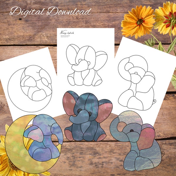 Nursery Elephant, Stained Glass Mini Pattern Booklet, Baby nursery, Stained Glass Pattern, glasswork Pattern, Suncatcher Pattern