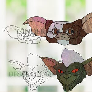 May include: Two stained glass designs featuring creature heads, one brown with large eyes and one dark green with red eyes. Each design includes a corresponding black and white line art pattern. The text CINDER and DIGITAL DOWNLOAD is visible.