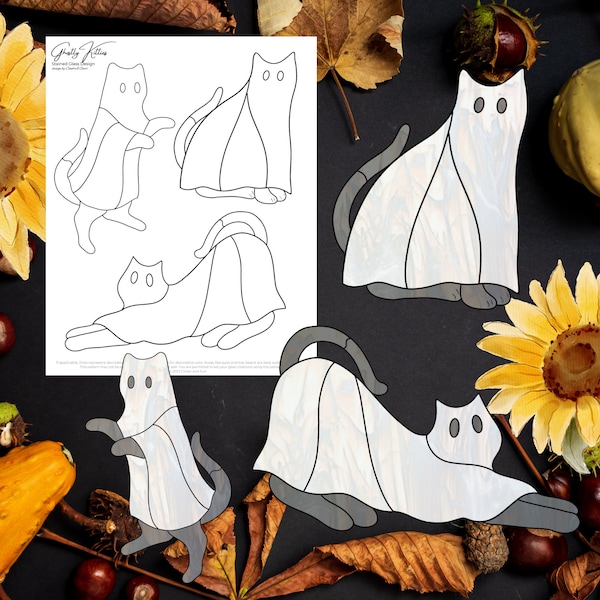 Ghostly Kitties, Halloween Stained Glass Pattern, Digital Stained Glass Pattern, Printable Glass Pattern, Glasswork pattern