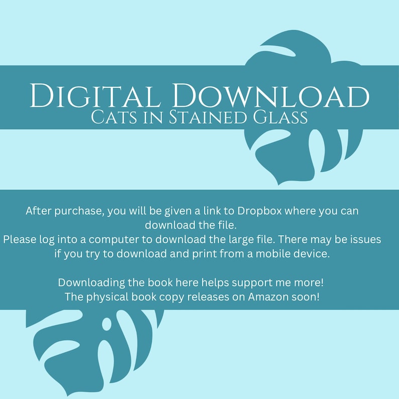 Puede incluir: Descarga digital de un libro titulado "Gatos en Vidrio Esmerilado". El texto dice que despu&eacute;s de la compra, se le dar&aacute; un enlace a Dropbox para descargar el archivo. Tambi&eacute;n dice que debe descargar el archivo en una computadora porque puede haber problemas si intenta descargar e imprimir desde un dispositivo m&oacute;vil. El texto tambi&eacute;n dice que descargar el libro ayuda a apoyar al creador y que la copia f&iacute;sica del libro se lanzar&aacute; pronto en Amazon.
