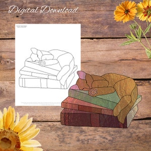 Sleeping Kitty on Books, Book Love Bookworm Stained Glass Pattern, Digital Stained Glass Pattern, Printable Glass Pattern, Glasswork pattern