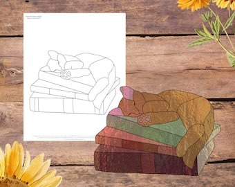 Sleeping Kitty on Books, Book Love Bookworm Stained Glass Pattern, Digital Stained Glass Pattern, Printable Glass Pattern, Glasswork pattern