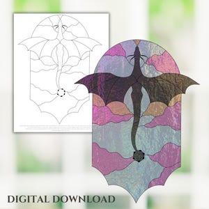 May include: A stained glass pattern of a dragon flying in the clouds. The pattern is in black and white and includes a separate colour guide with iridescent colours.