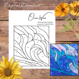 Ocean Wave, Ocean Stained Glass Pattern, Digital Stained Glass Pattern, Printable Glass Pattern, Glasswork pattern