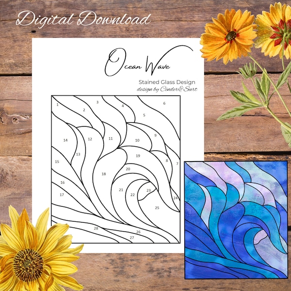 Ocean Wave Stained Glass Pattern, Digital Stained Glass Pattern, Printable Glass Pattern, Glasswork pattern