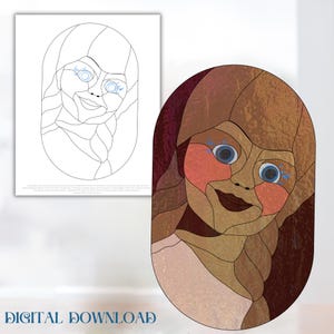 Gruselige Halloween-Puppe, Haunted Anna-belle Horror-Buntglas-Muster, Digitales Glasmalerei-Muster, Druckbares Glasmuster, Glasarbeit