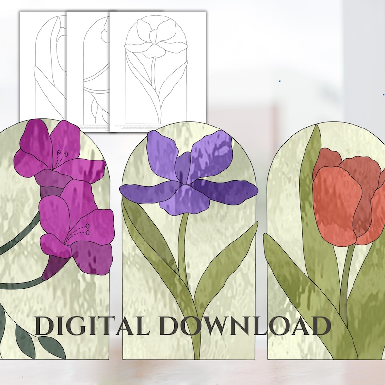 May include: Three stained glass window designs featuring different flowers. The first design is a pink flower with green leaves. The second design is a purple flower with green leaves. The third design is a red flower with green leaves. The designs are in an arched shape and have a white background.