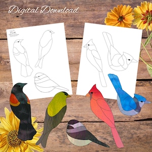 May include: Printable stained glass bird patterns. The patterns include a cardinal, blue jay, goldfinch, blackbird, and chickadee. The patterns are on white paper with black lines.