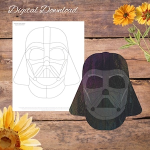 May include: A black and white line drawing of Darth Vader's helmet, with a colored version of the helmet next to it. The colored version has a stained glass effect.
