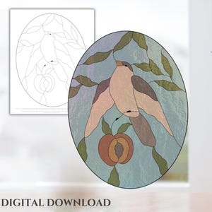May include: A stained glass pattern featuring two birds perched on a branch with a peach in the center. The birds are brown, gray, and pink. The peach is orange and yellow. The background is a light blue.