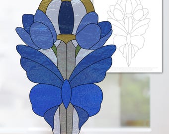 Padrão de vitral de borboleta azul Morpho e tulipa, padrão de vitral digital, padrão de vidro para impressão, padrão de vidraria