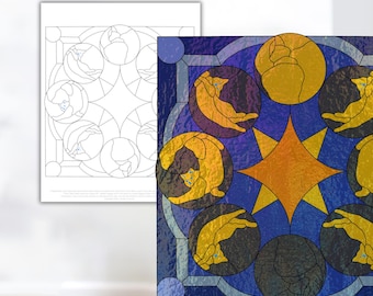 Puede incluir: Un diseño de vitral con un patrón repetitivo de gatos acurrucados en un círculo. Los gatos son amarillos y naranjas con ojos azules. El fondo es azul oscuro con una estrella amarilla en el centro.