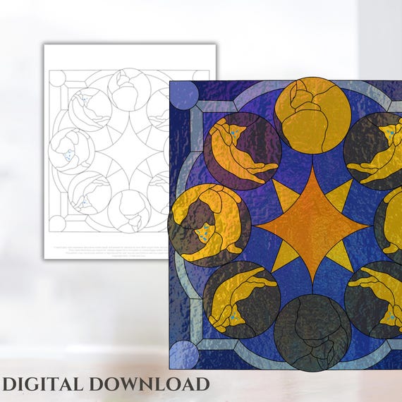 Cat moon phase, Kitty star chart, Cat Stained Glass Pattern, Digital Stained Glass  Pattern, Printable Glass Pattern,  Glasswork pattern