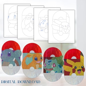 May include: Digital download featuring four colorful stained glass-style designs of popular characters. Each design is set within a red and white Poké Ball shape. The text "DIGITAL DOWNLOAD" is at the bottom.