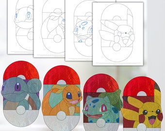 Poke Ball Inspired Creatures Bundle Stained Glass Pattern, Digital Stained Glass Pattern, Printable Glass Pattern, Glasswork